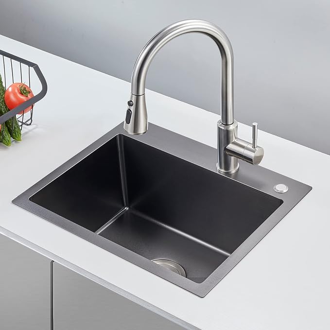 22"x18" Drop-In Single Bowl Sink Black Stainless Steel Handmade | 22 inch Drop-in Kitchen Sink | SUS304 SS | Topmount | Single bowl | 9" Deep Basin | Bar/prep area
