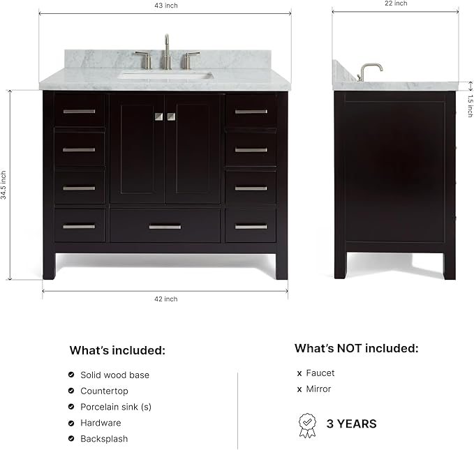 ARIEL Cambridge 42-inch Bathroom Vanity with Sink,Solid Wood, 1.5-inch Italian Carrara Marble Countertop, Single Rectangular Porcelain Sink, 2 Soft Closing Doors, 9 Dovetail Drawers, Espresso