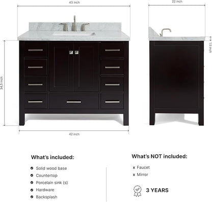 ARIEL Cambridge 42-inch Bathroom Vanity with Sink,Solid Wood, 1.5-inch Italian Carrara Marble Countertop, Single Rectangular Porcelain Sink, 2 Soft Closing Doors, 9 Dovetail Drawers, Espresso