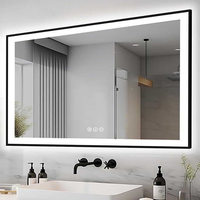 EchosLife 51x32 LED Bathroom Mirror - Black Framed | Black Frame, Front and Backlit, Anti-Fog, Stepless Dimmable, 3 Colors, Memory, Tempered Glass, UL Listed, Horizontal/Vertical