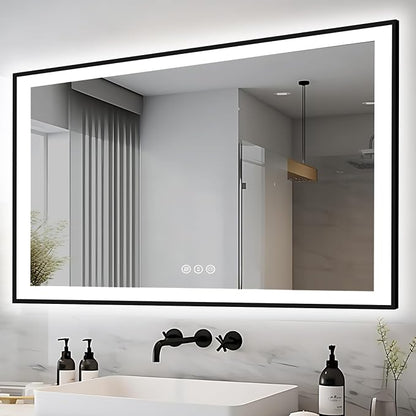 EchosLife 51x32 LED Bathroom Mirror - Black Framed | Black Frame, Front and Backlit, Anti-Fog, Stepless Dimmable, 3 Colors, Memory, Tempered Glass, UL Listed, Horizontal/Vertical