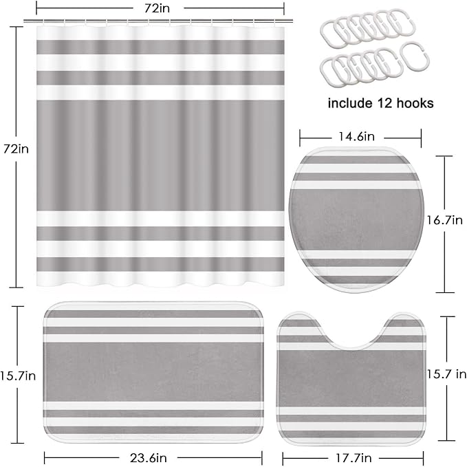Bathroom Sets with Shower Curtain and Rugs, 4 Pcs, Modern | Minimalist Striped Grey Neutral Bathroom Decor Set with Toilet Lid Cover, Non-Slip Bath Mats and Accessories 12 Hooks