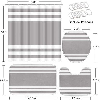 Bathroom Sets with Shower Curtain and Rugs, 4 Pcs, Modern | Minimalist Striped Grey Neutral Bathroom Decor Set with Toilet Lid Cover, Non-Slip Bath Mats and Accessories 12 Hooks