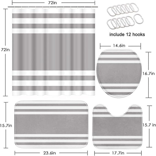Bathroom Sets with Shower Curtain and Rugs, 4 Pcs, Modern | Minimalist Striped Grey Neutral Bathroom Decor Set with Toilet Lid Cover, Non-Slip Bath Mats and Accessories 12 Hooks