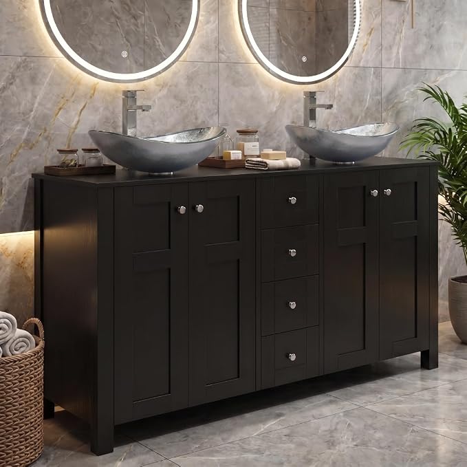 48 Inch Bathroom Vanity with Sink, Traditional Freestanding Black Bathroom Vanity Cabinet with Four Drawers, Pedestal Cabinet with Two Boat Silver Glass Vessel Sinks