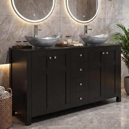 48 Inch Bathroom Vanity with Sink, Traditional Freestanding Black Bathroom Vanity Cabinet with Four Drawers, Pedestal Cabinet with Two Boat Silver Glass Vessel Sinks