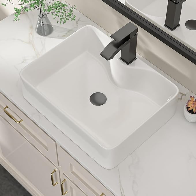 Dcolora 19 In. White Vessel Sink for Bathroom, Rectangular Above Counter Porcelain Ceramic Sink with Black Accessories, 15"D x 19"W x 5"H #DC-SFDOE00086