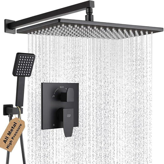 Matte Black Shower Faucet Set Rainfall 15 Inch Thickened Shower Head and Handle Set Bathroom Shower System Wall Mounted Shower Fixture Include Shower Valve and Trim Kit