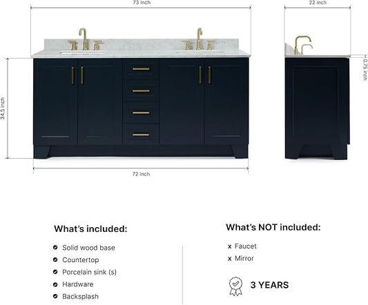 ARIEL Taylor 72-inch Bathroom Vanity with Sink,Solid Wood, 0.75-inch Italian Carrara Marble Countertop, Double Rectangular Porcelain Sink, 4 Soft Closing Doors, 6 Dovetail Drawers, Midnight Blue