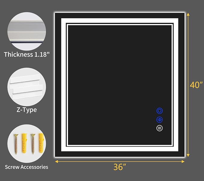 40"x36" LED Bathroom Mirror with Lights,Anti-Fog,3 Color Modes