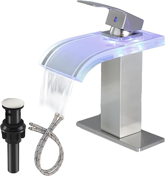 LED Bathroom Sink Faucet, Brushed Nickel Waterfall 1 Hole Single Handle Wide Glass Spout, Vanity Faucets for Sinks with Pop Up Drain Parts