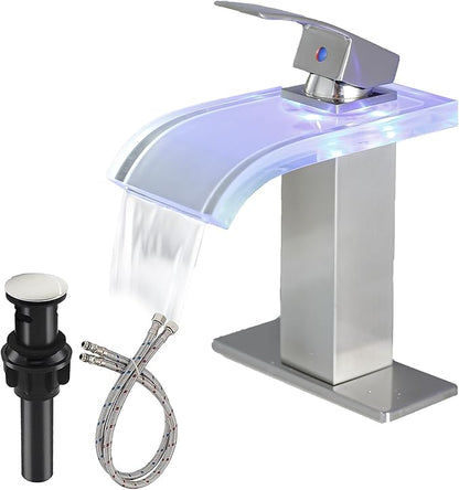 LED Bathroom Sink Faucet, Brushed Nickel Waterfall 1 Hole Single Handle Wide Glass Spout, Vanity Faucets for Sinks with Pop Up Drain Parts