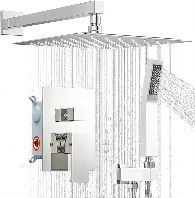 Shower System Shower Faucet Set, STARBATH 12" Wall Mount Rain Shower Head and Handheld Spray for Two Person, Rainfall Shower System with Diverter Valve and Trim Kit Complete,Chrome