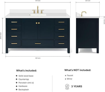 ARIEL Cambridge 60-inch Bathroom Vanity with Sink,Solid Wood, 1.5-inch Pure White Quartz Countertop, Single Rectangular Porcelain Sink, 2 Soft Closing Doors, 9 Dovetail Drawers, Midnight Blue