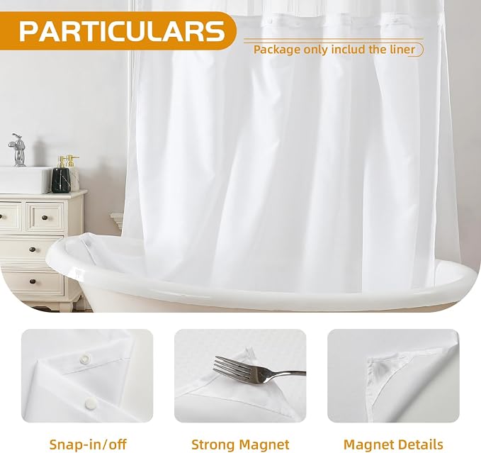 eachope 2 Pack Fabric Snap-in Shower Curtain Liner Replacement,Compatible with Hookless Shower Curtain with Snap in Liner, Removable & Water-Repellent,Machine Washable,70x54,White