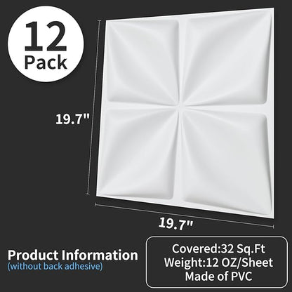 Art3d 19.7" x 19.7" (Pack of 12) 3D Wall Panels Lucky Leaves PVC Wall Panel for Inter Decoration, Living Room, TV Background, Office, White