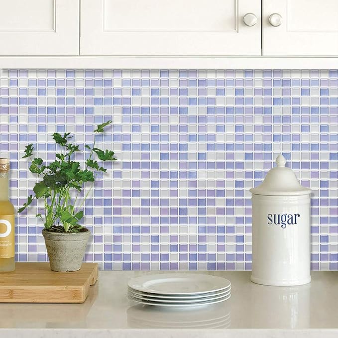 3D Mosaic Tile Sticker Removable Wallpaper Tile Purple, 3D Self Adhesive Wall Tiles Bathroom Wall Tiles for Kitchen Backsplash Purple, PVC Square Decorative Vinyl Decals, 4 Sheets