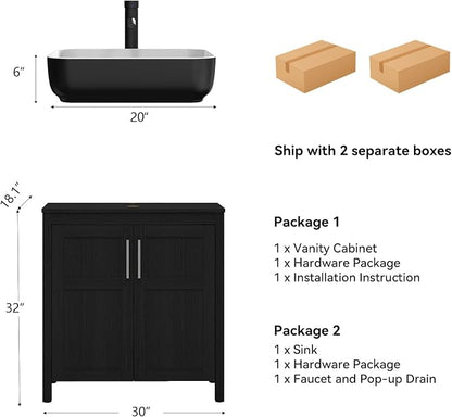 YOURLITE 30" Bathroom Vanity with Sink, Black Bathroom Vanity Cabinet, Faucet & Pop Up Drain Set,Traditional Vanity with with White & Black Ceramic Sink