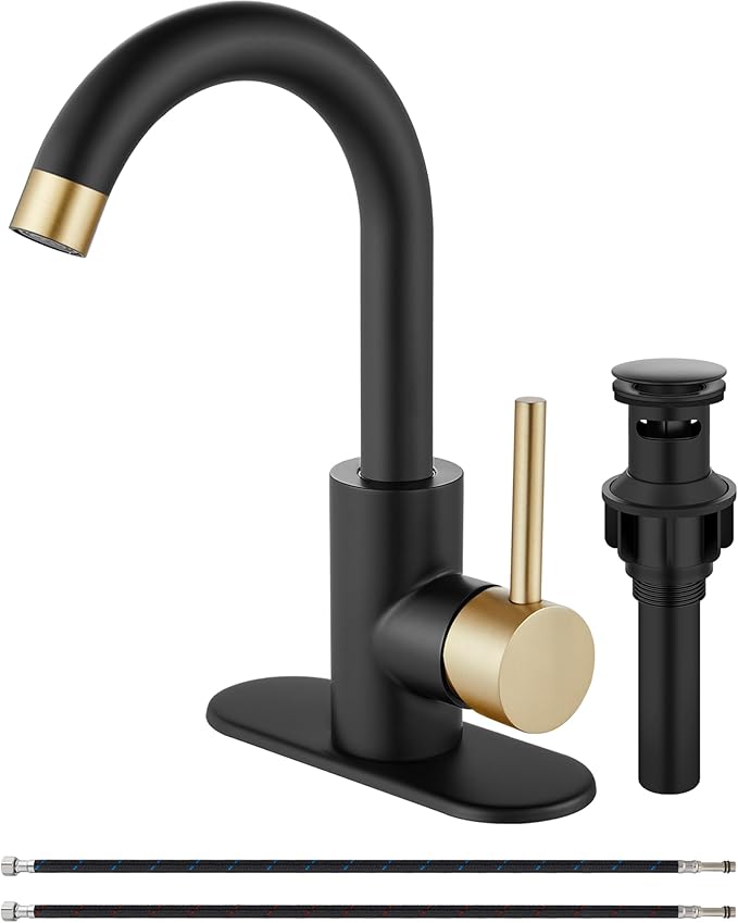 Midanya Single Hole Bathroom Faucet 1 Hole Bar Sink Faucet Suitable for Kitchen RV Vanity,304 Stainless Steel 360° Swivel Spout with Deck Plate and Pop-up Drain,Brushed Gold and Matte Black