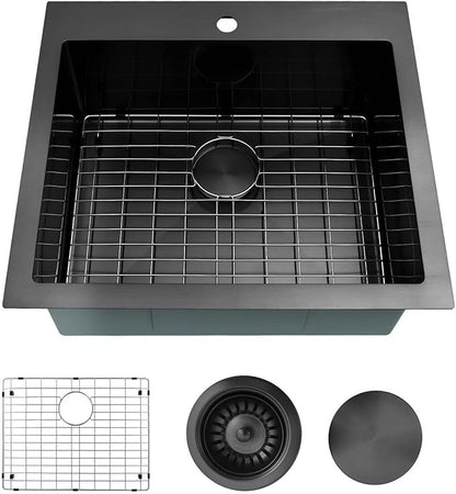 LQS Black Laundry Kitchen Sink, 25” x 22” Drop In Kitchen Sink, Drop In RV Kitchen Sink, Stainless Steel Laundry Sinks, 16 Gauge Black Kitchen Sinks With Accessories