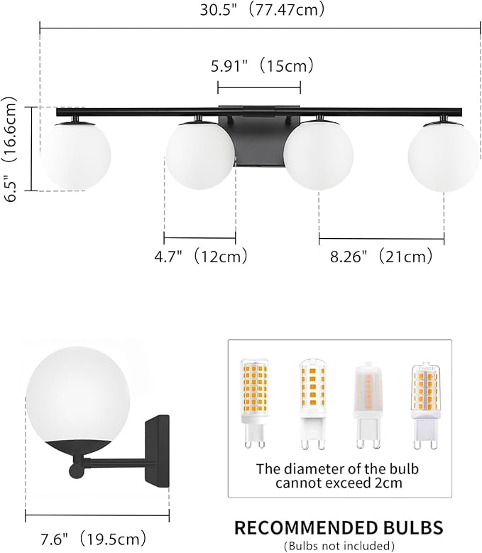 Bathroom Vanity Light Brushed Black 4T Wall Sconce for Mirror | Modern fixture Glass Shade brightness, Elivers even brightness. Sturdy metal resists rust. Dresser Bathroom over Mirror