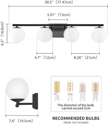 Bathroom Vanity Light Brushed Black 4T Wall Sconce for Mirror | Modern fixture Glass Shade brightness, Elivers even brightness. Sturdy metal resists rust. Dresser Bathroom over Mirror