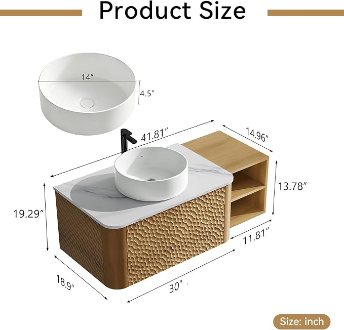 42 Inch Modern Bathroom Vanity with Ceramic Sink, Floating Bathroom Sink Cabinet with Sintered Stone Top&Solid Wood Hammered Frame, Single Bathroom Vanities w/Soft-Close Drawer&Side Open Cube