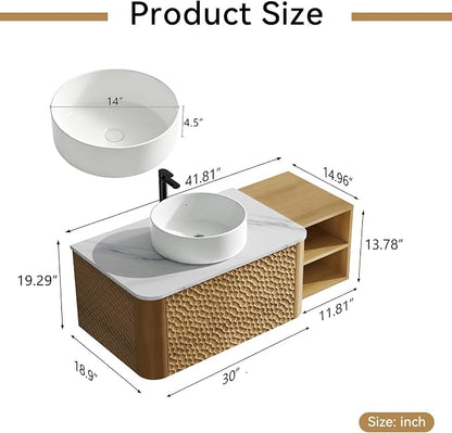 42 Inch Modern Bathroom Vanity with Ceramic Sink, Floating Bathroom Sink Cabinet with Sintered Stone Top&Solid Wood Hammered Frame, Single Bathroom Vanities w/Soft-Close Drawer&Side Open Cube