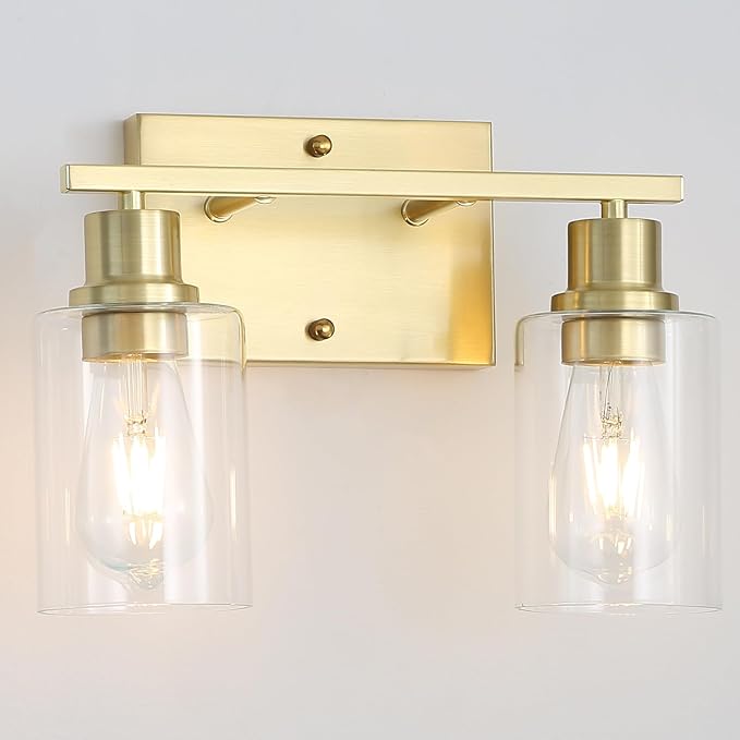 Brass Bedside Wall Sconces Set of 2, 1-Light Gold Bathroom Vanity Lights Fixtures with Clear Glass Shade, Farmhouse Modern E26 Wall Lamp for Hallway Living Room Bedroom