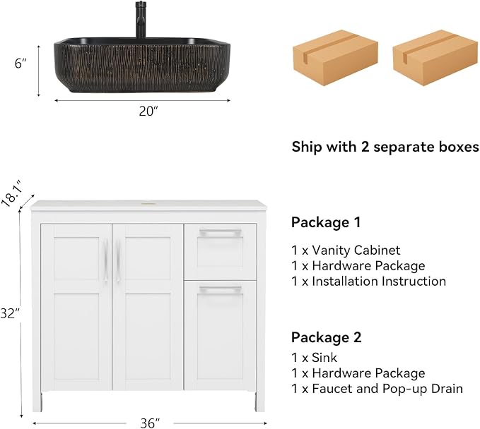 YOURLITE 36" Bathroom Vanity with Sink, White Bathroom Vanity and Sink Combo with Faucet & Pop Up Drain Set,Traditional Vanity with with Black & Gold Ceramic Sink