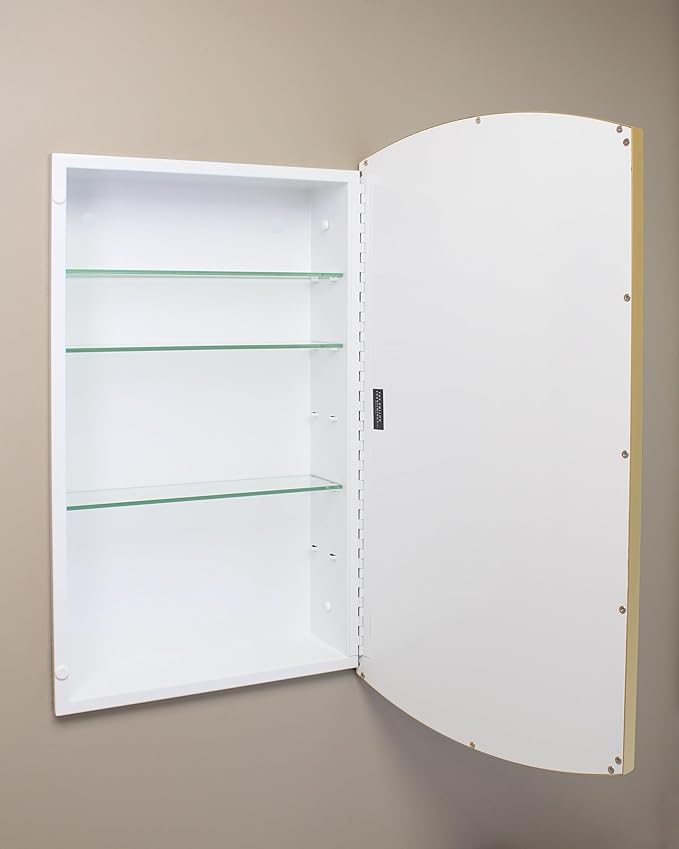 Fox Hollow Furnishings 16x26 Harper Crescent Metal Framed Rectangle Recessed Bathroom Medicine Cabinet, Arced Mirror, 14x24 in-Wall Opening, Adjustable Glass Shelves, Magnet Close, Gold