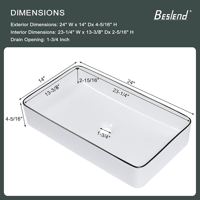 Rectangular Bathroom Vessel Sink - Beslend 24”x14” White Ceramic with Black Rim Porcelain Vessel Sink Above Counter Sink Modern Art Basin
