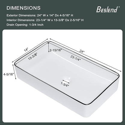 Rectangular Bathroom Vessel Sink - Beslend 24”x14” White Ceramic with Black Rim Porcelain Vessel Sink Above Counter Sink Modern Art Basin