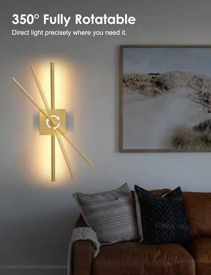 24.4 Inch Hardwired Wall Sconces Set of Two, 3000K Warm White Dimmable Modern Wall Sconces, 350° Rotate LED Light Fixtures Wall Lamp for Bathroom Living Room Bedroom Bedside, Gold