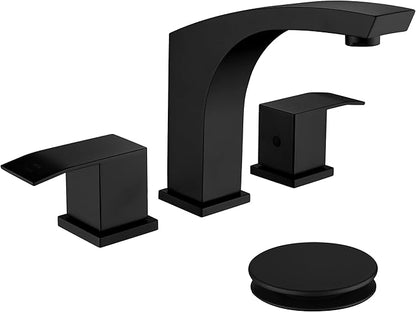3 Hole Bathroom Faucet Matte Black, 2 Handle 8 inch Widespread Bathroom Sink Faucet with Pop Up Drain and cUPC Supply Hose, Black Bathroom Vanity Faucet 3 Hole WI37151BK