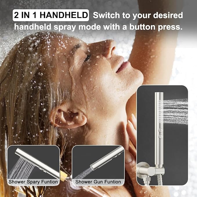 Shower Systems Round Shower Faucet Set, 12+6"Dual Rainfall Shower head with 2 in 1 Handheld Spray, Ceiling Mount Push Button with Shower Set Valve and Trim Kit Brushed Nickel,Can Use All at Once