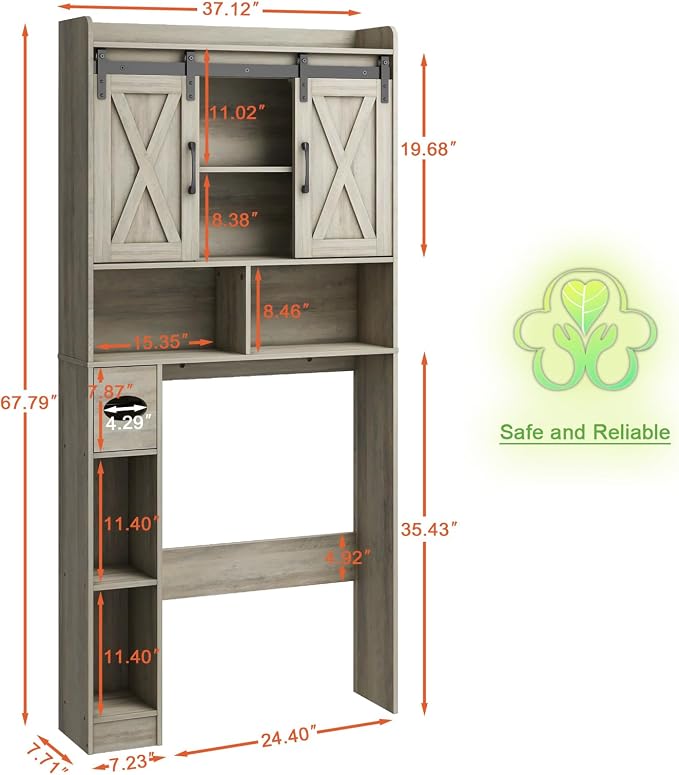 Vabches Over The Toilet Storage Cabinet with Sliding Doors, Grey | Farmhouse Storage Cabinet Over Toilet, Home Space-Saving Toilet Rack, Toilet Paper Holder Stand,for Restroom,Bathroom,Laundry