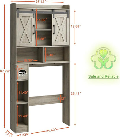 Vabches Over The Toilet Storage Cabinet with Sliding Doors, Grey | Farmhouse Storage Cabinet Over Toilet, Home Space-Saving Toilet Rack, Toilet Paper Holder Stand,for Restroom,Bathroom,Laundry