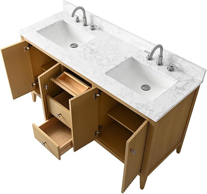 HOMEBEYOND 60" Bathroom Vanity with Double Sink, Solid Wood Bathroom Vanity Free-Standing Cabinet, Ceramic Top & Soft Closing Door, Golden Brushed Handware, Natural Oak