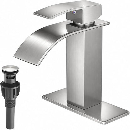 VOTON Waterfall Bathroom Faucet, Brushed Nickel 1-Hole with Deck & Drain | | SUS304 Stainless Steel | Rust-Resistant | Waterfall Flow