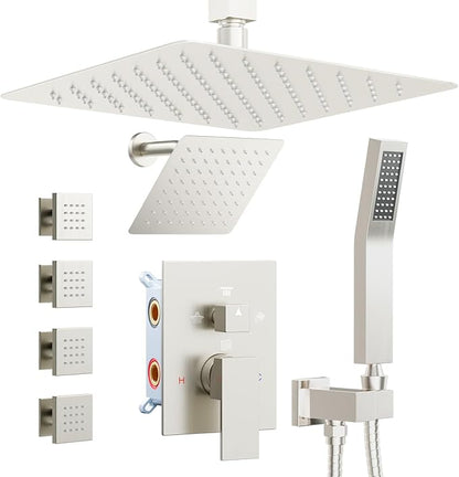 Shower Systems with 4 Body Spray Jets, STARBATH 4 Way 12+6" Rainfall Shower Head with Handheld Combo, Ceiling Mounted Shower Jets System in Wall Shower Faucet Sets Complete, Brushed Nickel
