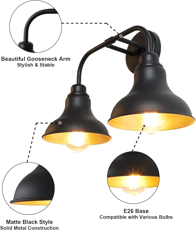 18-Inch 2-Light Farmhouse Bathroom Vanity Light Over Mirror, Black | Rustic industrial style, metal construction, 2 E26 sockets, 60W max each, dimmable, 7.08 in. shades, bathroom mirror, bedroom