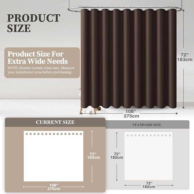BTTN Extra Wide Shower Curtain, 108 Inch Linen Textured Heavy Duty Cloth Shower Curtain Set with 18 Plastic Hooks, Large Hotel Luxury Simple Thick Fabric Shower Curtains for Bathroom, 108x72, Brown