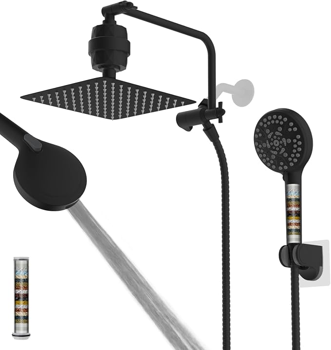 10" Metal Filtered Shower Head with 10-Mode Handheld, Matte Black | NSF/ANSI/CAN 372 Certified, High Pressure Showerhead Combo, 20 Stage Shower Filter, 11" Shower Arm, 71" Hose, Shower Holder
