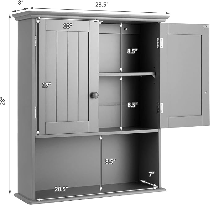 Tangkula Wall Mount Bathroom Cabinet Wooden Medicine Cabinet Storage Organizer with 2-Doors and 1-Shelf Cottage Collection Wall Cabinet (Grey)