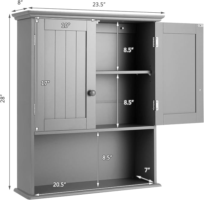 COSTWAY Wall Mounted Bathroom Cabinet, Over the Toilet Storage Cabinet | Double Doors & Adjustable Shelf, Wood Hanging Medicine Cabinet for Living Room, Entryway, Kitchen (Gray)