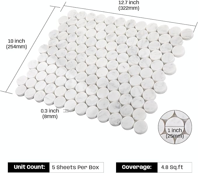 Carrara White Marble Mosaic Tile for Kitchen Bathroom Floor 1 Inch Penny | Water & Heat Resistant Polished Marble Backsplash Tiles for Wall Floor Fireplace Surround Durable Unique Veins 4.8SQFT