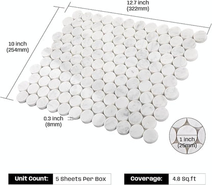 Carrara White Marble Mosaic Tile for Kitchen Bathroom Floor 1 Inch Penny | Water & Heat Resistant Polished Marble Backsplash Tiles for Wall Floor Fireplace Surround Durable Unique Veins 4.8SQFT