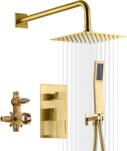 SUMERAIN Brushed Gold Shower System Pressure Balance Shower Faucet | 8 Inches Square Rain Shower Head, Hand Shower, Including Rough-In Valve, Anti-scald