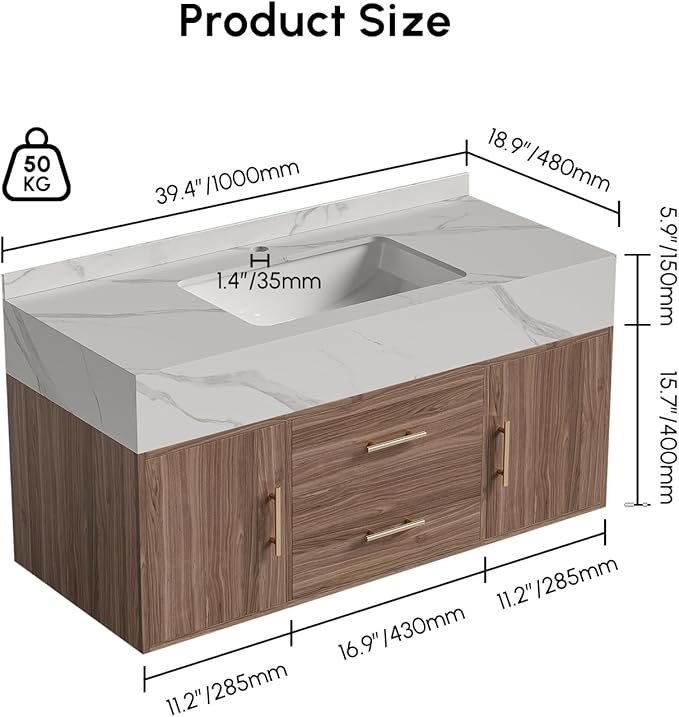 39.3" Floating Bathroom Vanity Set, Modern Wall-Mounted Vanity with Sintered Stone Countertop, Undermount Sink & Walnut Finish, Easy to Clean